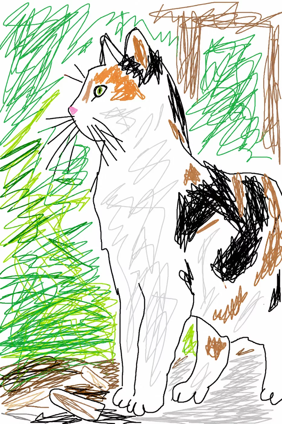 Playful handmade-style drawing of a cat created from a real photo